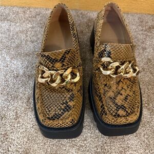 Billini Tan Snakeskin Loafers with Gold Accent